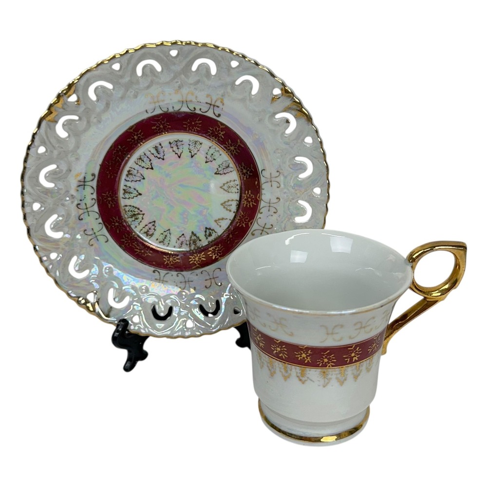 Vintage Japan Lusterware‎ Tea Cup Saucer White Gold Trim Burgundy Reticulated